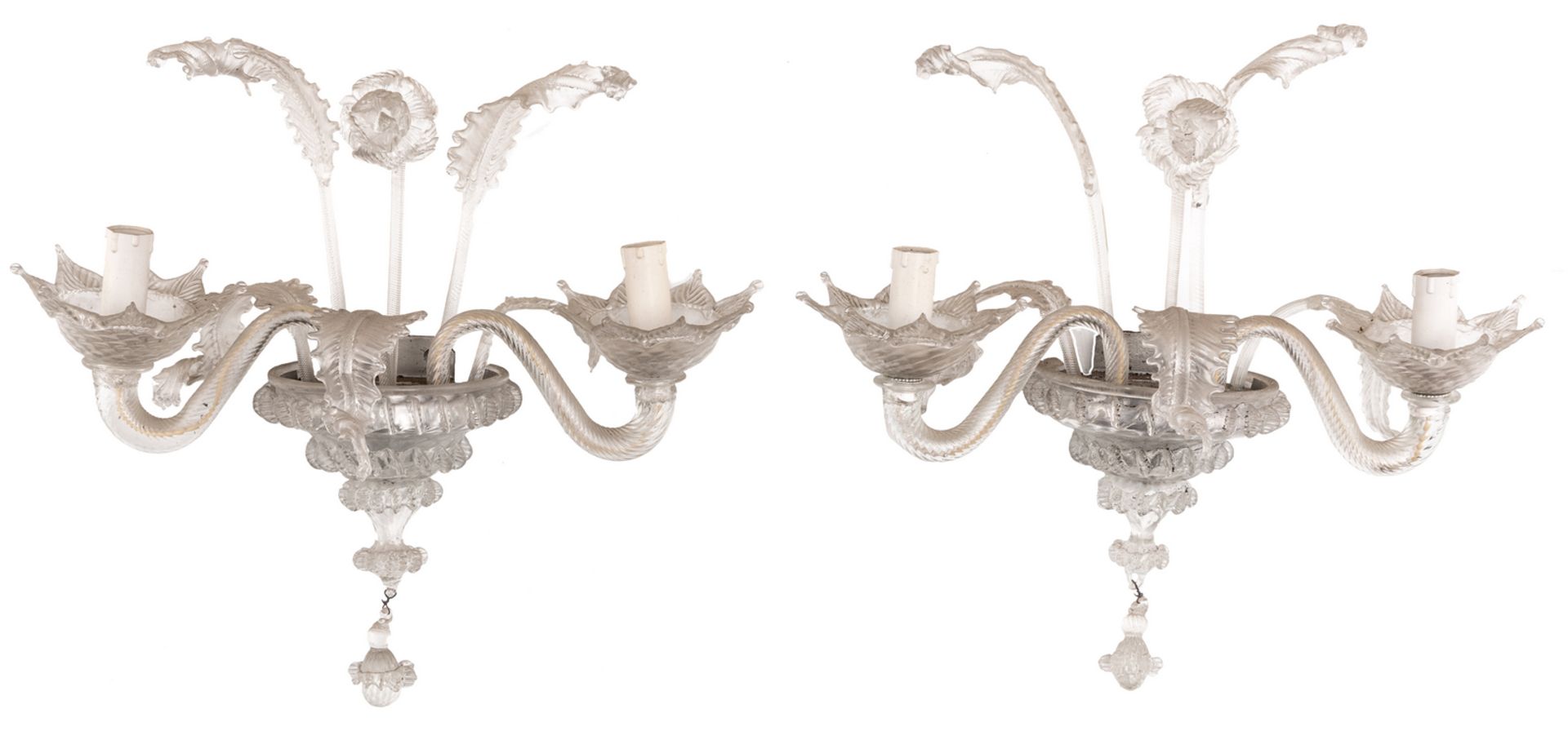 A pair of glass wall-lights in the venetian manner, H 39,5 cm