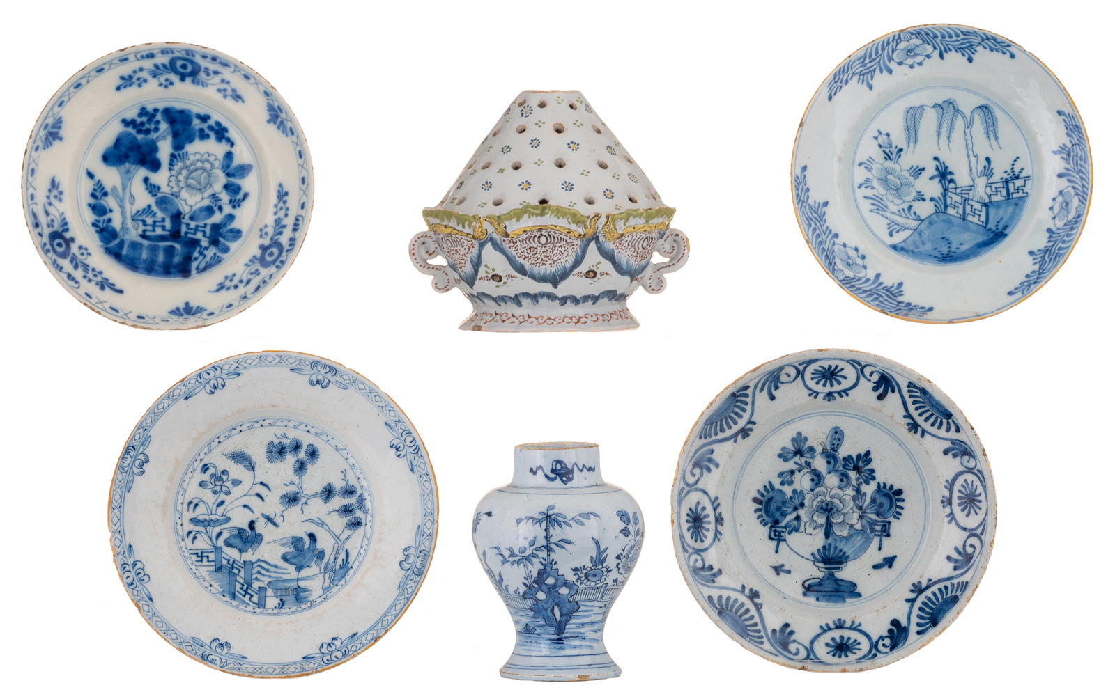 An 18thC polychrome decorated Dutch Delftware pique fleurs, H 18,2 cm; added a ditto baluster shaped