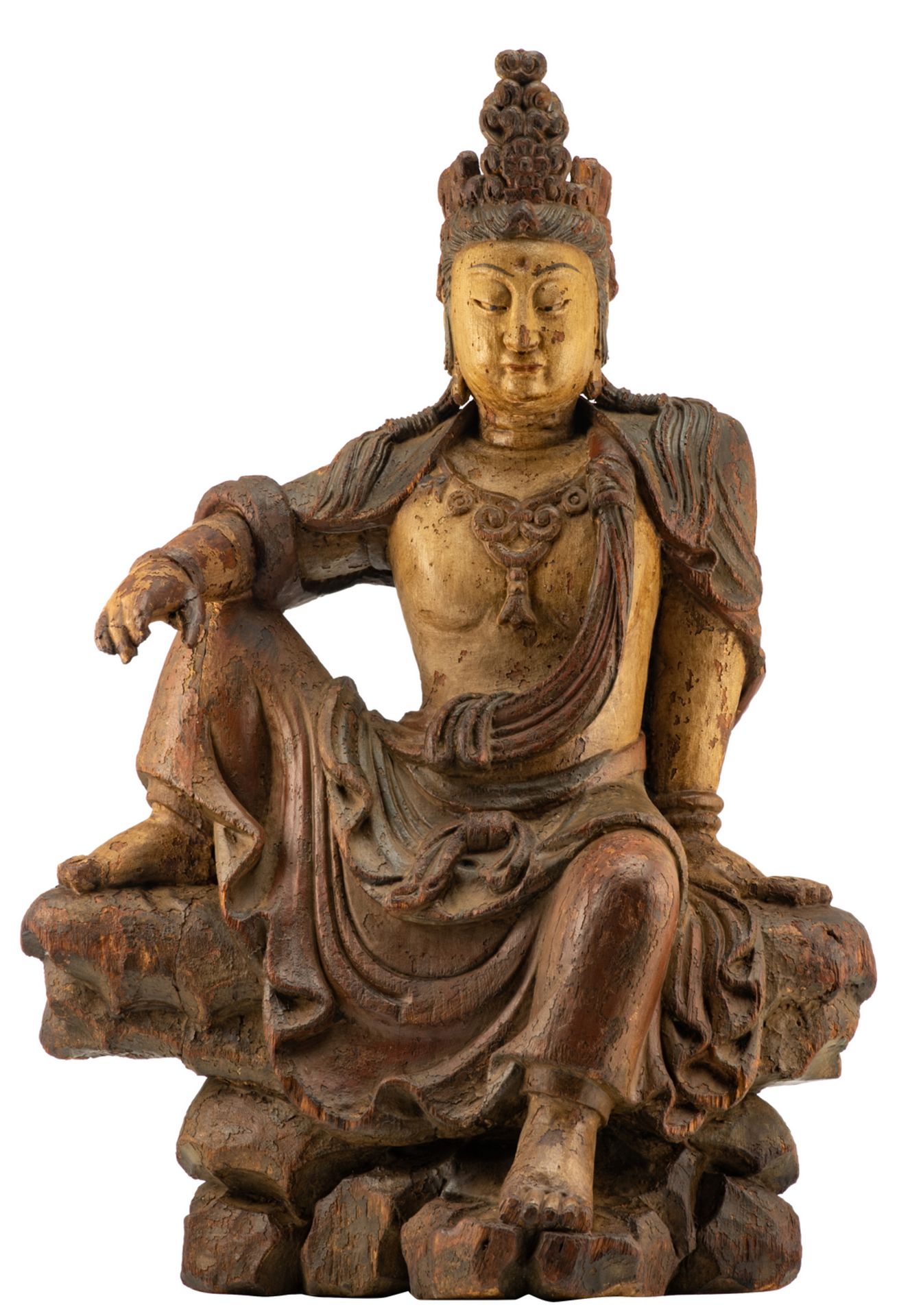 A Chinese polychrome carved wooden figure of a watermoon Guanyin, probably Ming, H 82 - W 56 - D