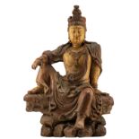 A Chinese polychrome carved wooden figure of a watermoon Guanyin, probably Ming, H 82 - W 56 - D