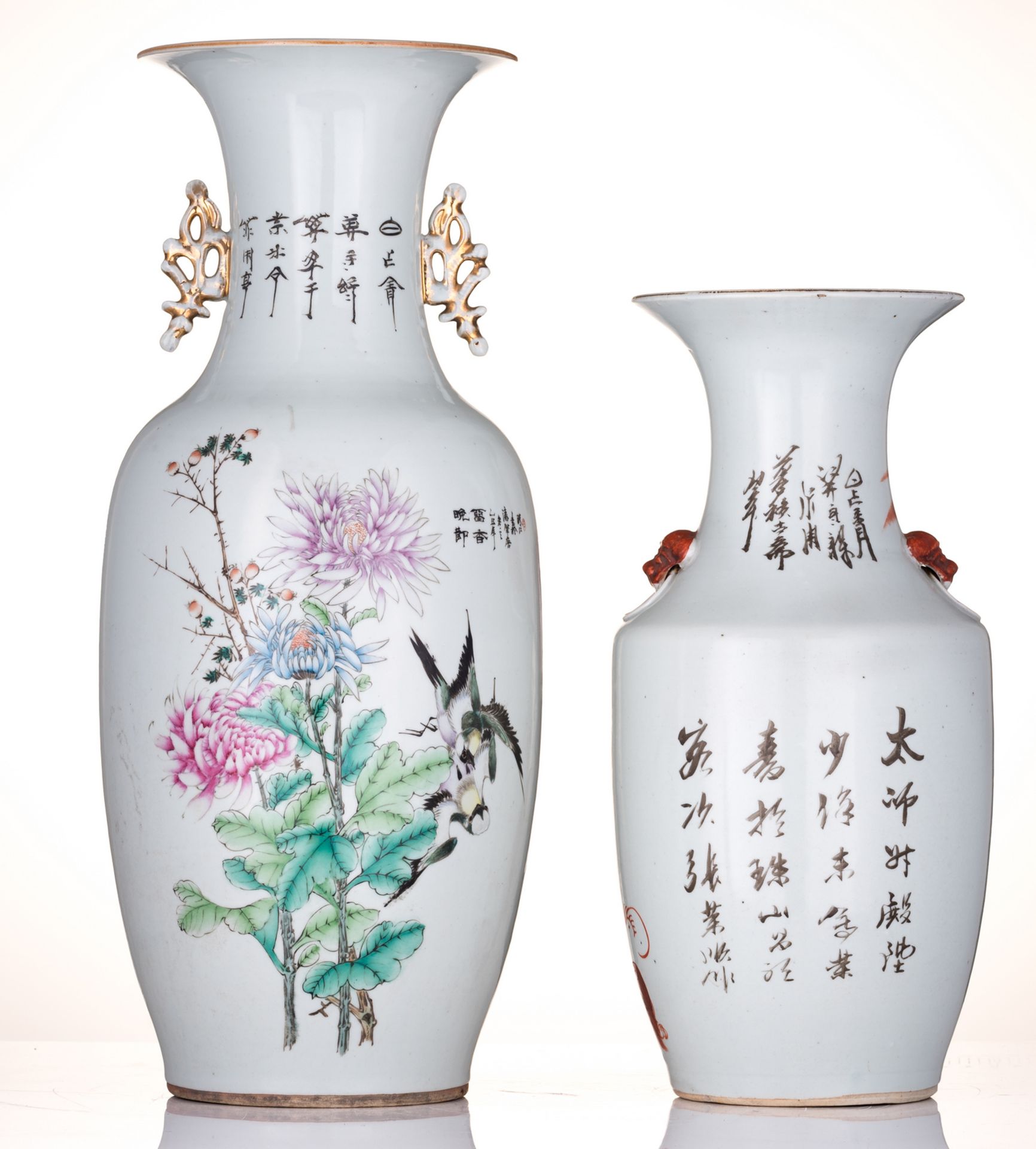A Chinese famille rose vase, decorated with a dignitary and his attendants, birds, flower branches - Bild 3 aus 6