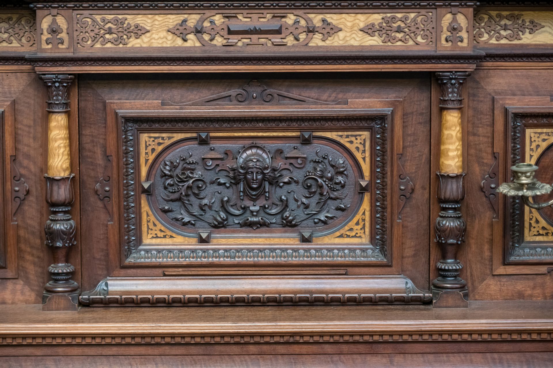 A fine richely carved american walnut and sicamore upright concert piano, Knauss, Coblenz - Image 6 of 7