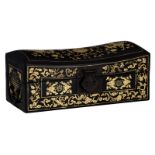 A Chinese black lacquered gilt decorated neck rest shaped box and cover with brass mounts, H 16,