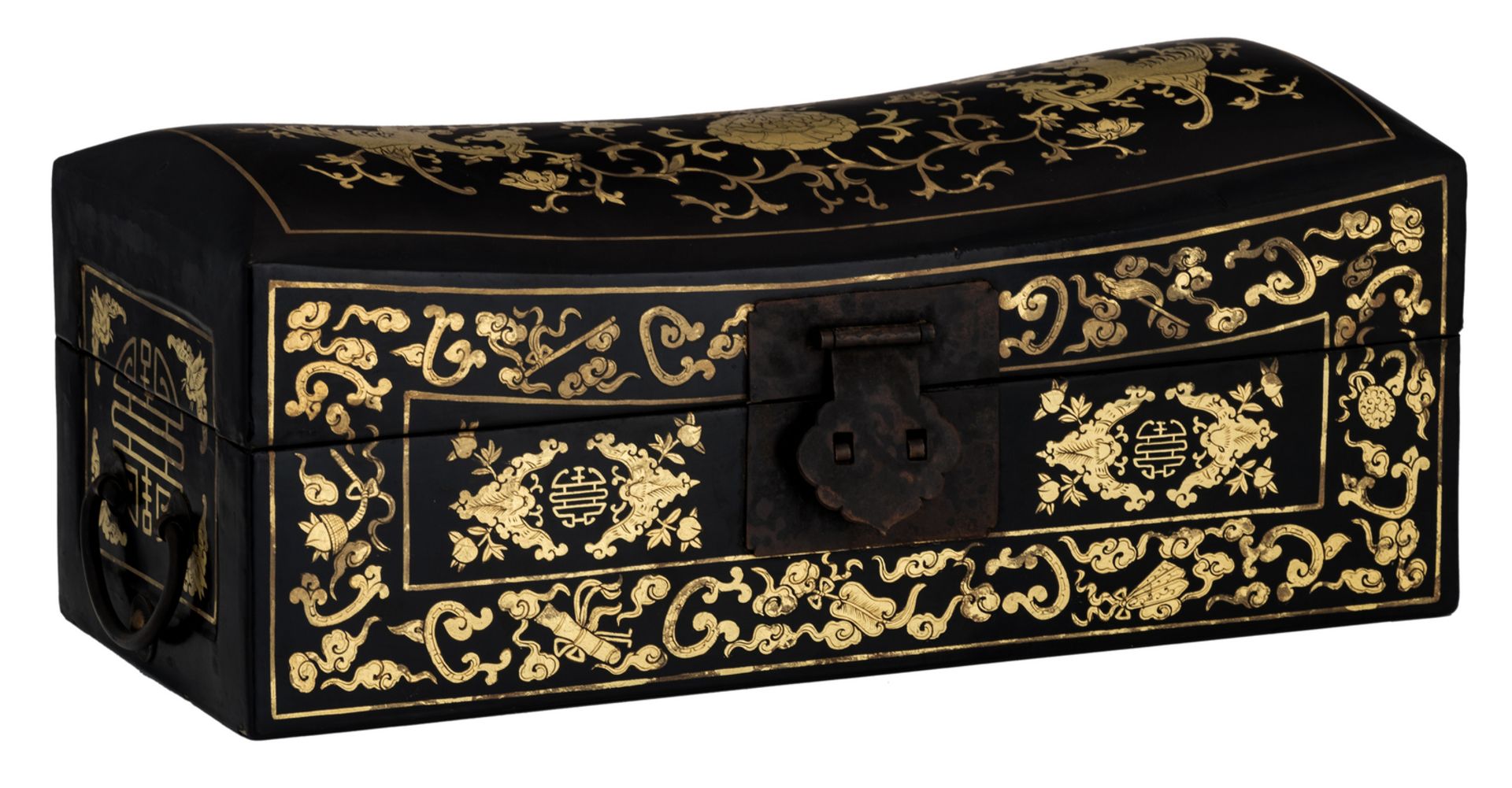 A Chinese black lacquered gilt decorated neck rest shaped box and cover with brass mounts, H 16,