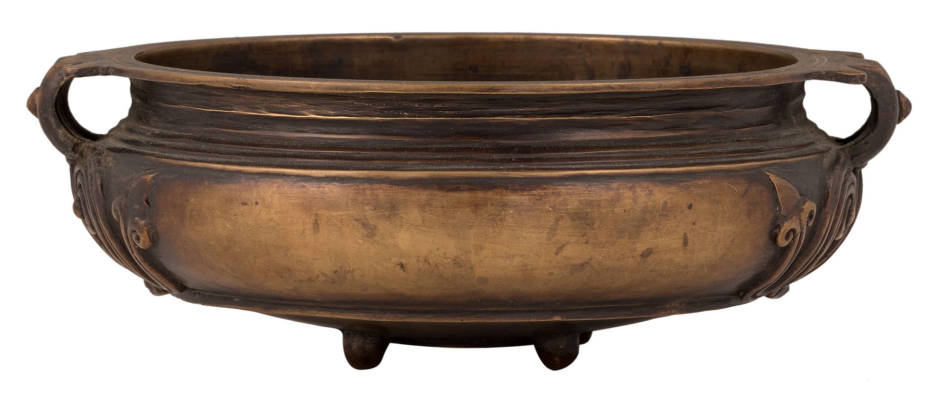 An Indian patinated bronze vessel, H 9 cm - ø 25 cm