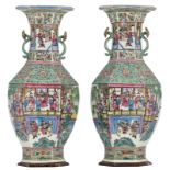 An exceptional pair of Chinese turquoise glazed and famille rose hexagonal vases, overall