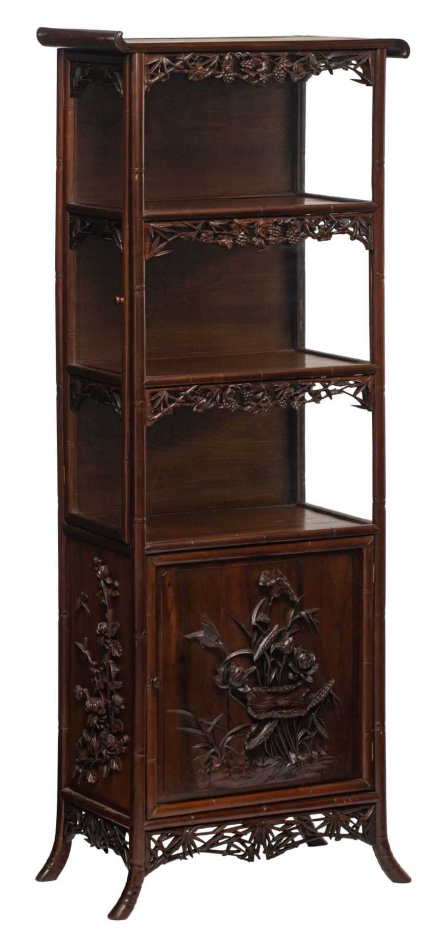 An Oriental richly carved hardwood display cabinet with bamboo imitation, the panels decorated
