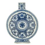 A large Chinese blue and white moon flask, decorated with scrolling lotus and the eight Buddhist