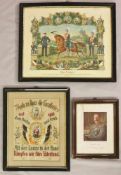 2 Reservistenbilder eines Ulanen, Lithographie und Stoff, dazu colorierte Lithographie Kaiser