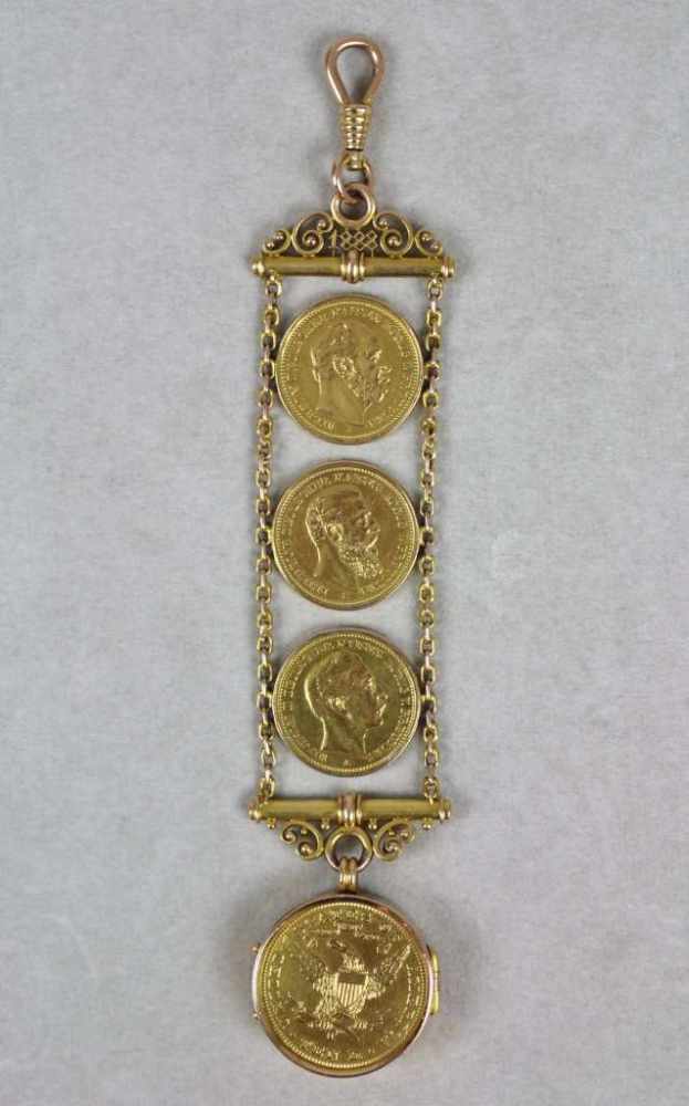 Chatelaine mit 4 Goldmünzen und aufklappbarem Medaillon. 3 x 20 Reichs-Gold-Mark 1888 (Wilhelm I,