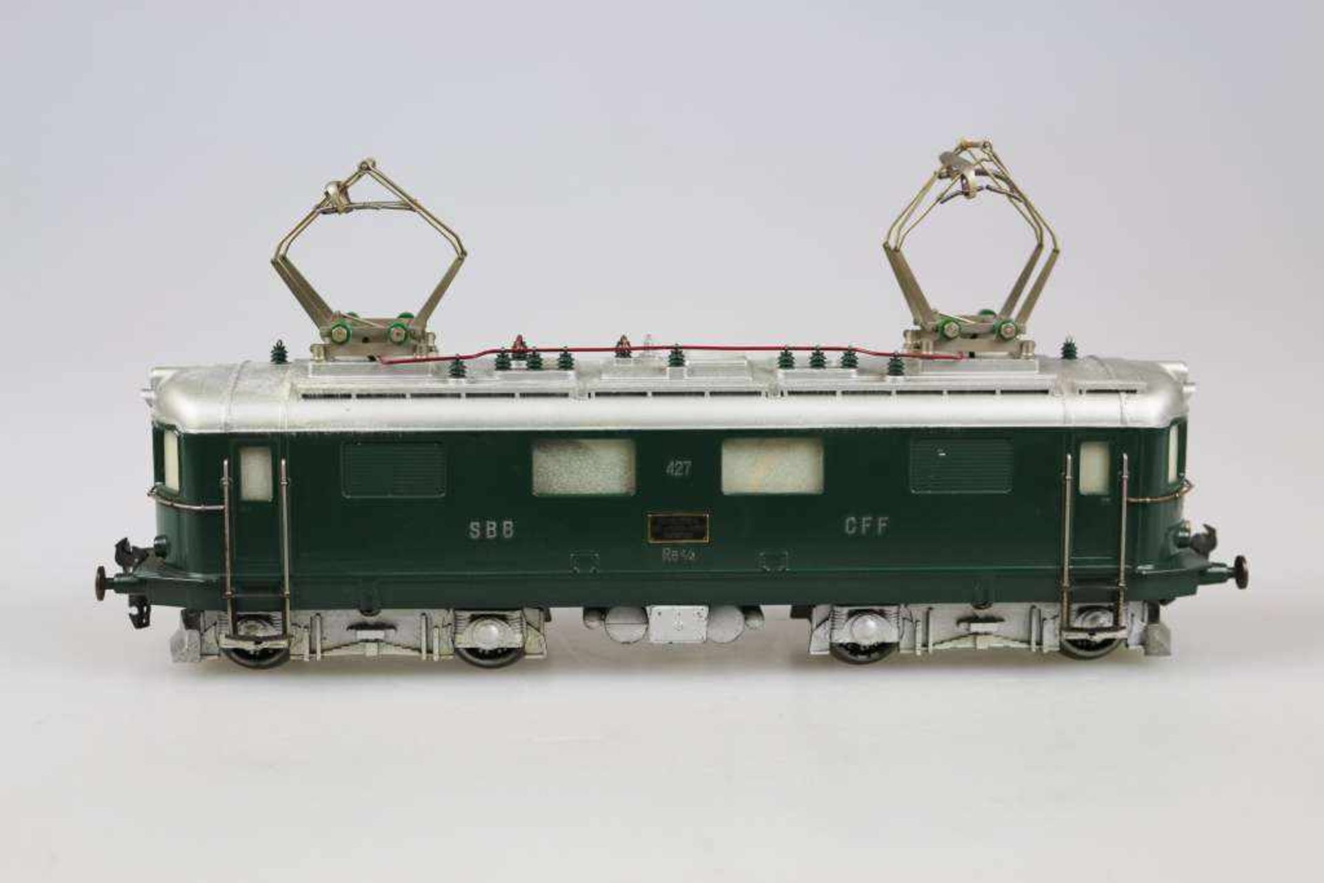 Hag E-Lok "427" Re 4/4, Spur 0, elektrisch mit 2 beweglichen Pantographen, grün, Zustand 2.