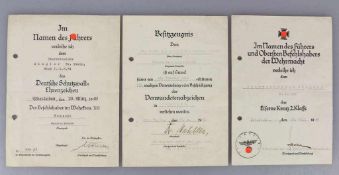 Wehrmacht, 3 Verleihungsurkunden des Stabsveterinär Dr. Erwin Ziegler. Besitzzeugnis zum