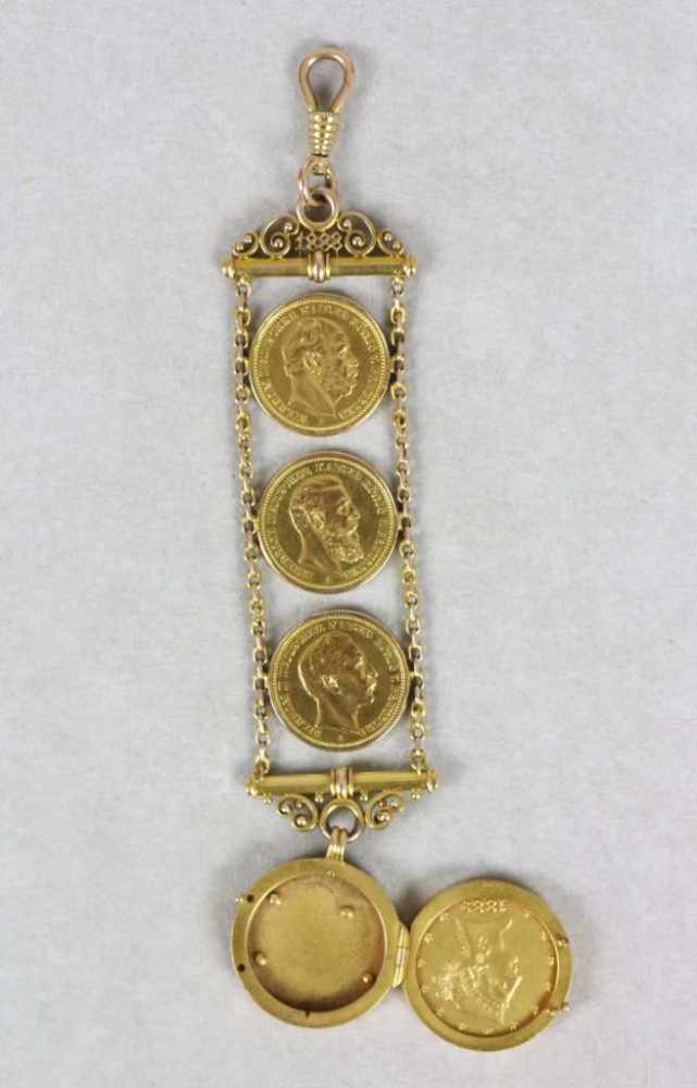 Chatelaine mit 4 Goldmünzen und aufklappbarem Medaillon. 3 x 20 Reichs-Gold-Mark 1888 (Wilhelm I, - Image 3 of 3