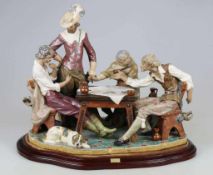 Lladro, große Figurengruppe, 4 Edelmänner in historischer Kleidung beim Kartenspiel um einen Tisch