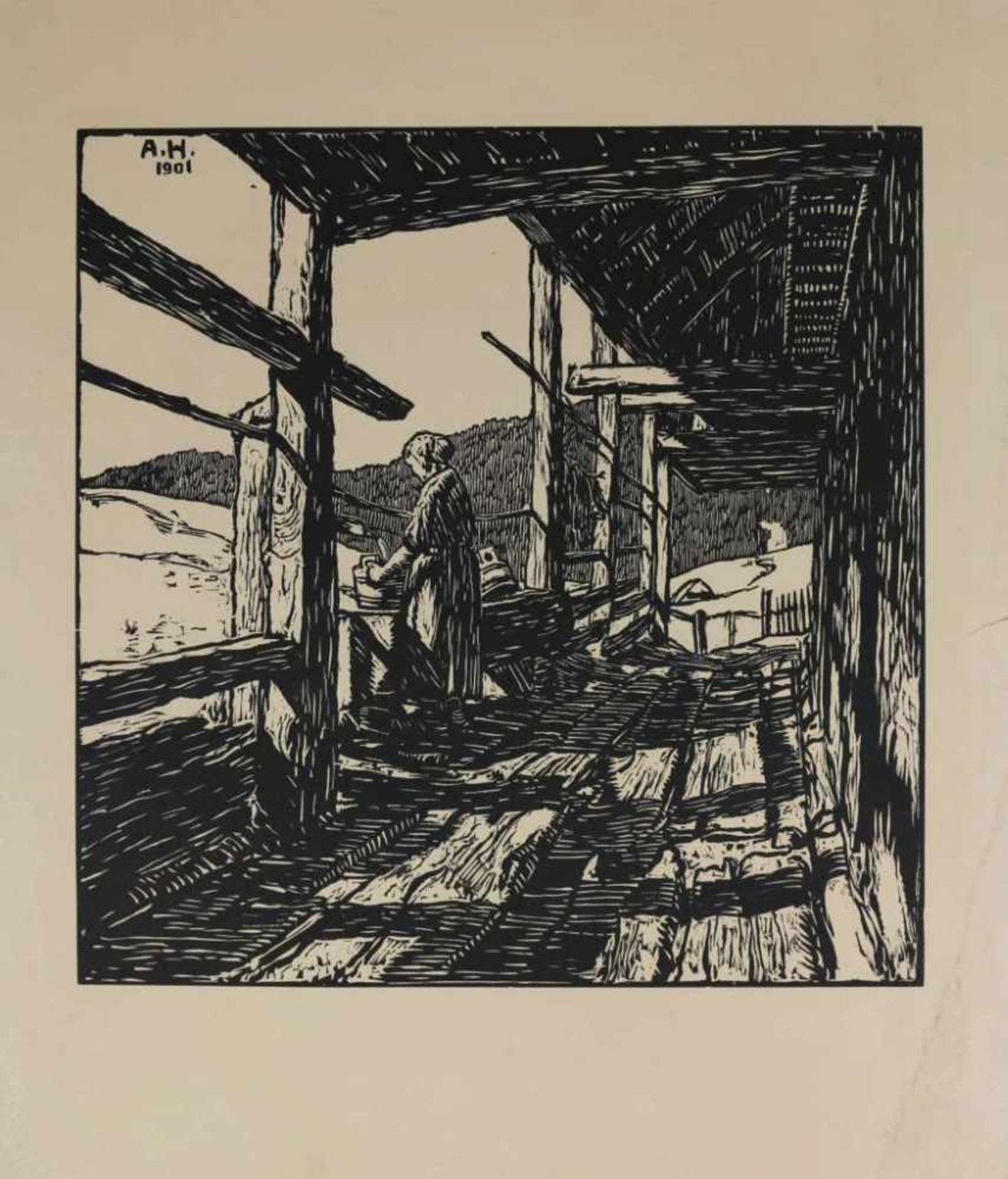 Zwei Blatt Grafik: S. Sigrist, Kaltnadelradierung, Bauern ziehen einen Holzkarren, Maße: 21 x287 cm;