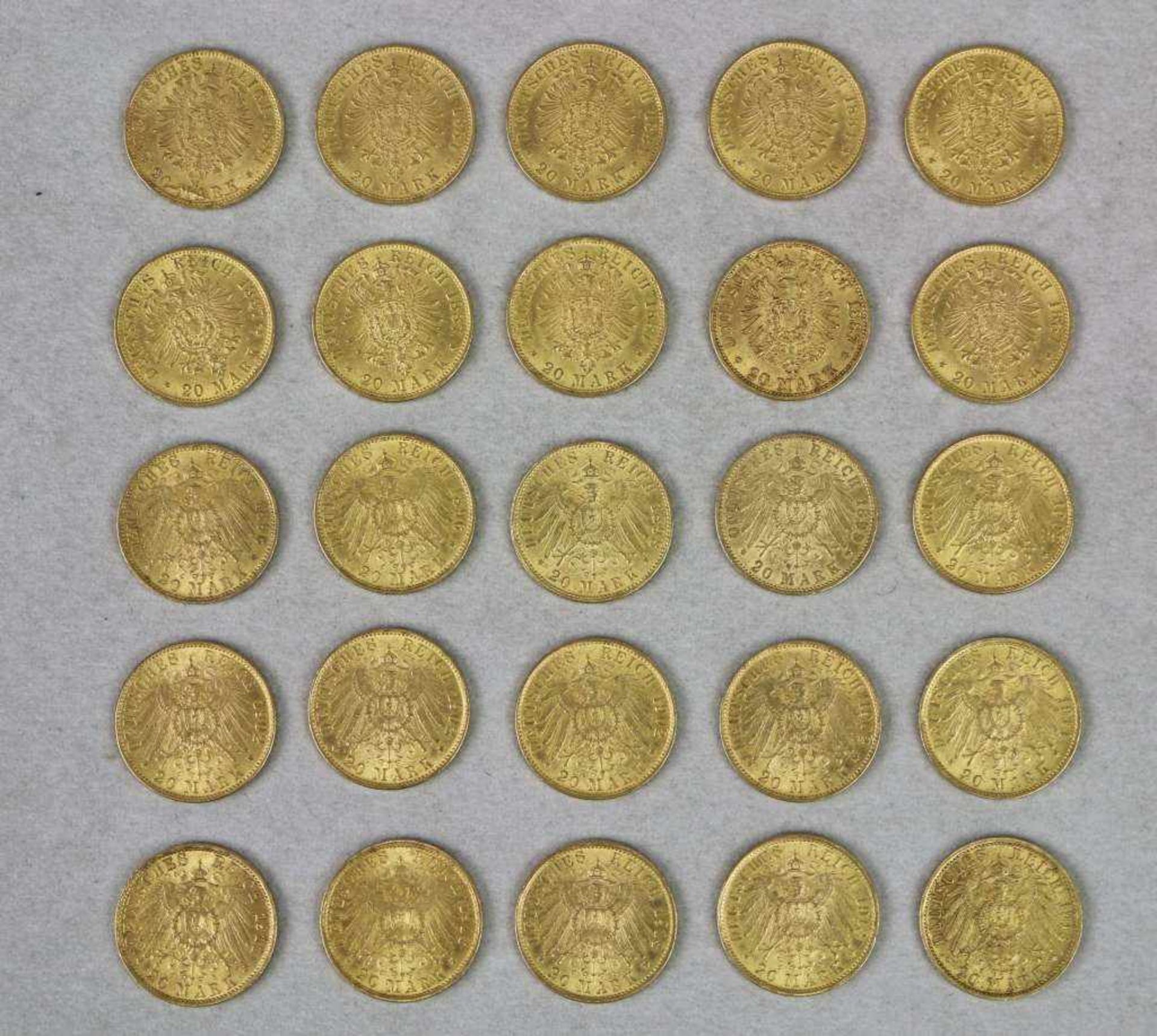 Goldmünzen, Konvolut Reichsgoldmünzen, 25 x 20 Reichsgoldmark Wilhelm II., Jg.: 4 x 1884, 6 x