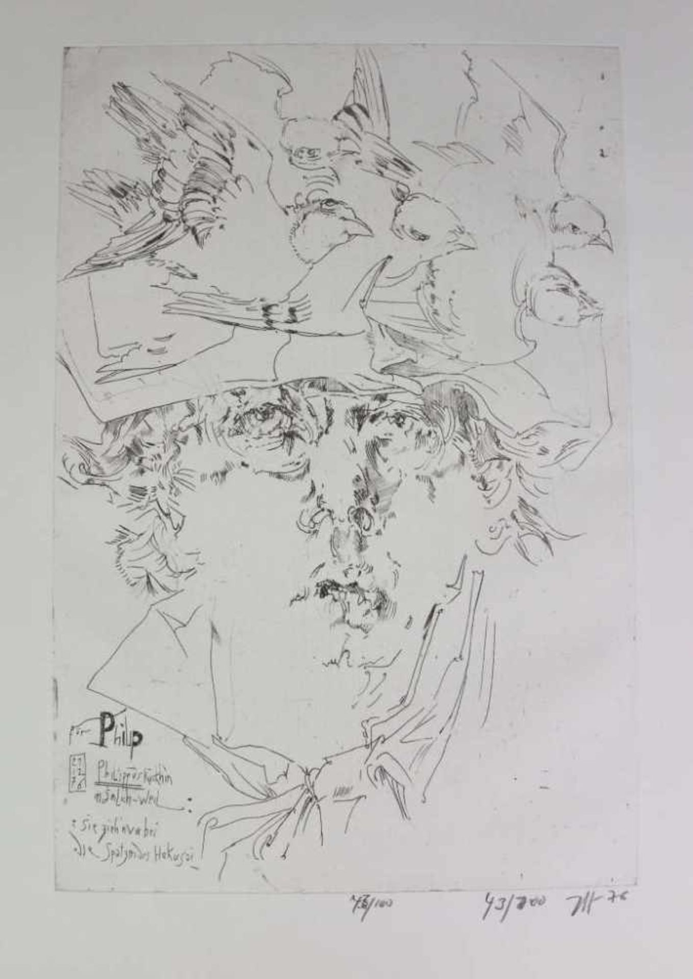 Horst JANSSEN, "Spatzen des Hokusai", u.re. monogrammiert und datiert, Expl. 43/100. Radierung.