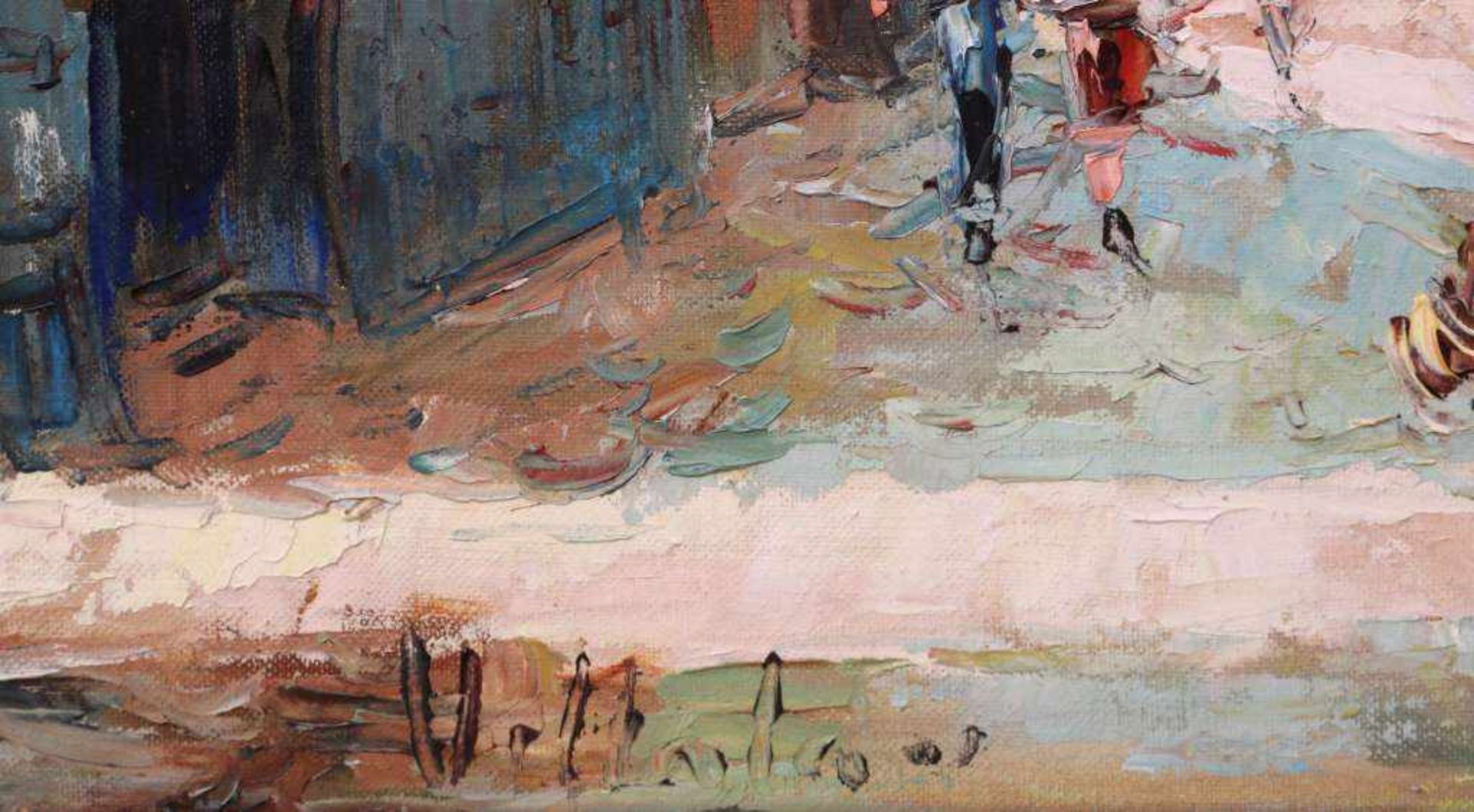 Künstler des 20. Jh., Öl auf Hartfaser, Komposition im impressionistischen Stil, Straßenszenerie - Bild 3 aus 3