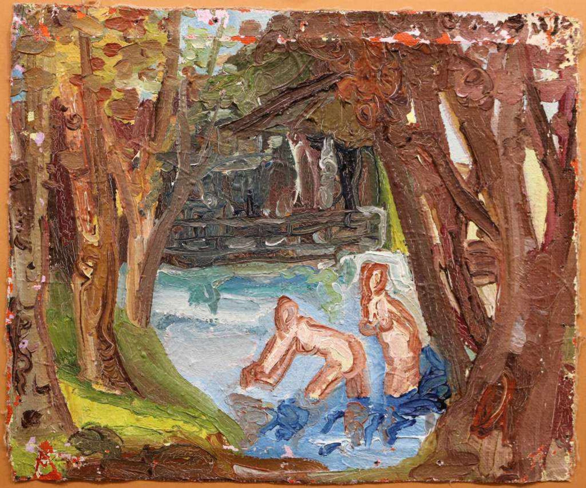 Brückekünstler (Umkreis), ca. 1920, Ölstudie, Die Badenden. Maße: 28 x34 cm. Aus der Leiste gelöst.