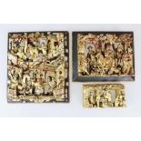Konvolut, drei Reliefschnitzereien aus Möbelstücken, Holzpaneel, China, um 1900, Darstellung der