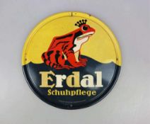 Werbeschild, Erdal Schuhcreme, rundes Emaille-Schild, gelb und blau gestaltet mit bekröntem