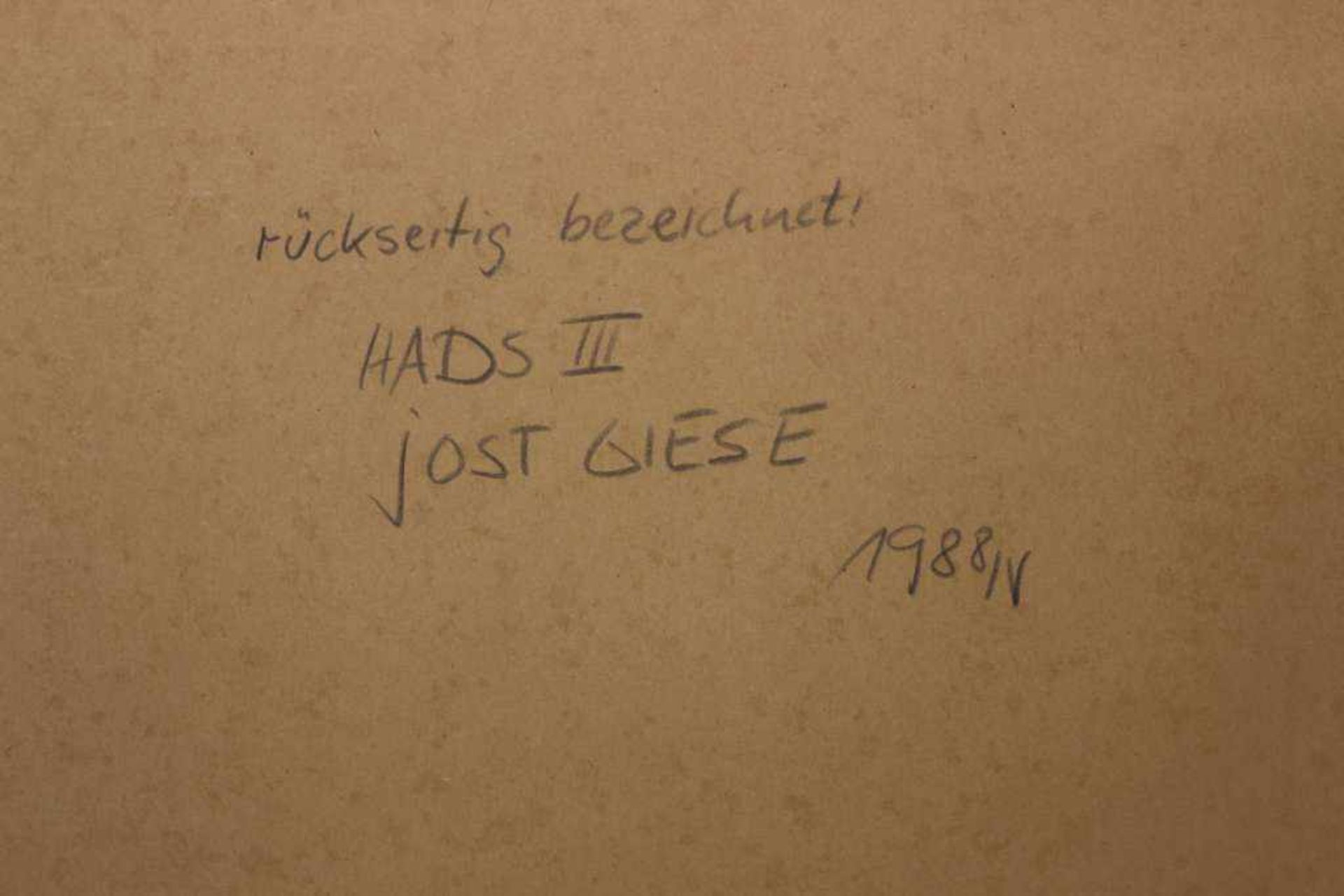 Jost GIESE (1953), Acryl auf Kartonage, u.re.sign. GIESE 88V, verso bez. HADS III, Jost Giese, - Bild 4 aus 4