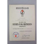 Besitzzeugnis zum Heeres-Flak-Abzeichen an den Obergefreiten Heinz Behnke, 2. Heeres-Flak-Art.-