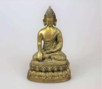 Siddharta Gautama Buddha, Messing, Tibet, 20. Jh., auf doppeltem Lotusthron, mit