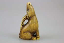 NETSUKE STEINBOCK, Elfenbein, 19./ 20. Jh. Sitzender Steinbock mit kräftigen Hörnern, den Kopf