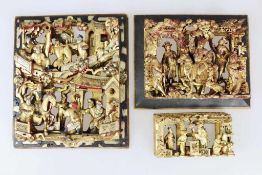 Konvolut, drei Reliefschnitzereien aus Möbelstücken, Holzpaneel, China, um 1900, Darstellung der
