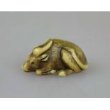 NETSUKE BÜFFEL ELFENBEIN, 19. /20. Jh. Liegender Büffel mit gerade abgelegtem Kopf, drei Beine