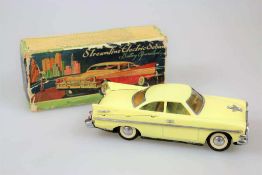 Streamline Electric Sedan Car, "Battery Operated", China, wohl 1960er Jahre, gelb, 24 cm, Blech,