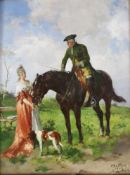 Gerhard Hans BÜTTNER (XIX), Edelmann auf Pferd mit galanter Dame und Hund, Öl auf Platte, unten