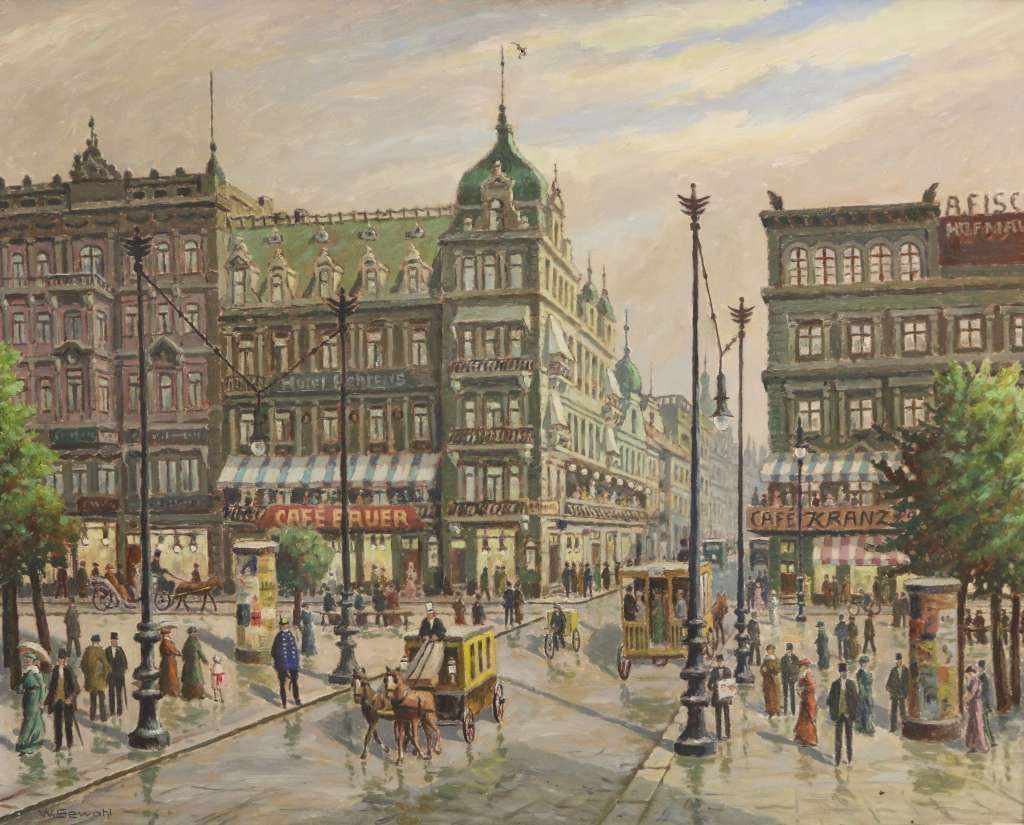 Waldemar SEWOHL (1887-1967), "Unter den Linden", links Cafe Bauer, rechts Cafe Kranzler, Öl auf
