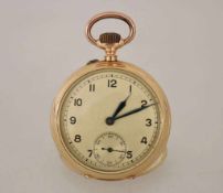 Lepine Taschenuhr in 585er Rotgold um 1930, Handaufzug, flaches Gehäuse mit gekörntem Rückendeckel