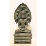 Buddha auf dem Schlangenthron, Buddha Muchalinda, Metallguss, teilweise gefüllt, 20. Jh. In