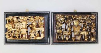 Konvolut, Reliefschnitzerei aus Möbelstücken, Holzpaneel, Asien, um 1900, ungewöhnlich tiefe und
