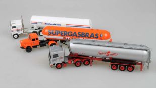 Drei Zugmaschinen: Arpra, Supermini, Modellauto, Tankzug, made in brasil, Modell Supergasbras