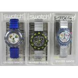 Drei Swatch-Uhren, "Power Steel", Mod.-Nr. scn 110/111, "Waterpower", Mod.-Nr. sbm 100/sbm 101, "