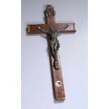 Wand-Kreuz, Frankreich, 19. Jh., schlichtes Holzkreuz mit Längs- und Querfurnier, Messing-