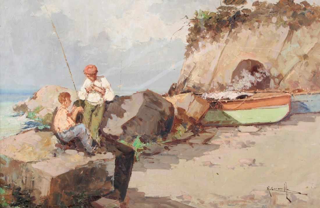 Unleserlich signierender Maler, Mitte 20. Jh. "Angler an der Küste", Öl/Lw., 57,5 x 87 cm