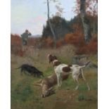 Schmitzberger, Josef, München 1851 - 1936. "Jäger mit Hunden bei erlegtem Rotwild", sign., Öl/Lw.,