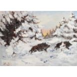 Unleserlich signierender Maler, Mitte 20. Jh. "Wildschweine in Winterlandschaft", Öl/Lw., 50 x 70