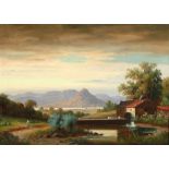 Unleserlich signierender Maler, 1. Hälfte 20. Jh. "Landschaft mit Blick auf Gebirgszug", Öl/Lw.,