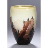 Studioglas-Ziervase, "Romantische Landschaft", Volkhart Precht, Lauscha, 1989, runder Stand,