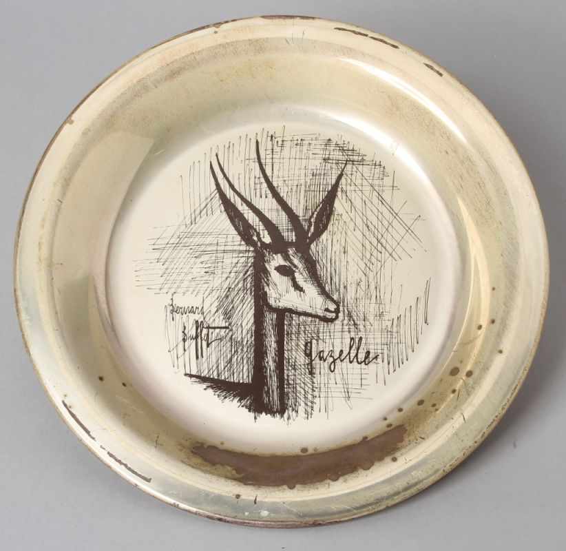 Teller, "Gazelle", Sterling Silber, Bernard Buffet, 1973, rund, D 20,5 cm, ca. 200 gr., Patina an