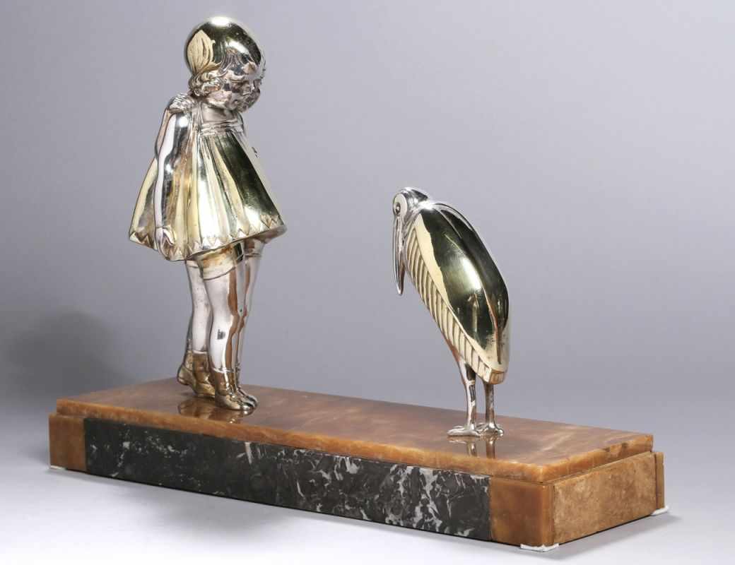 Weißbronze-Plastik, "Kinderpaar mit Marabu", Chiparus, Demetre H., Doroboi 1886 - 1947 Paris,