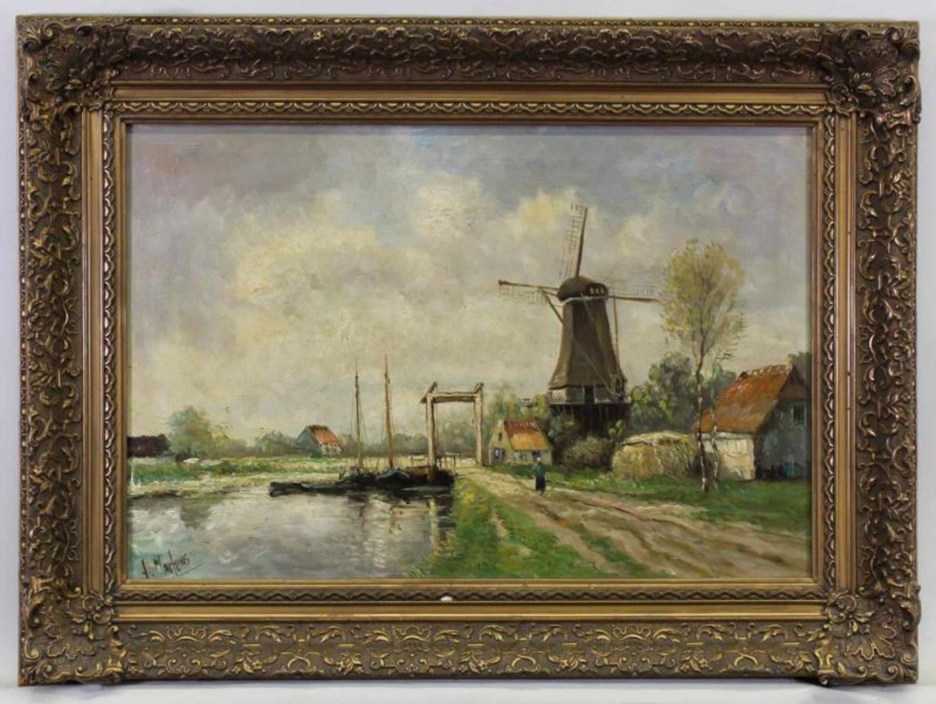 Martens, Alfred (1888 - 1936, Landschaftsmaler), "Windmühle an Flusslandschaft", Öl auf Leinwand, - Bild 2 aus 4