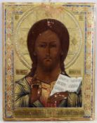Ikone, Tempera auf Holz, "Christus Pantokrator", Goldgrund punziert, 19./20. Jh., 22 x 17.5 cm,