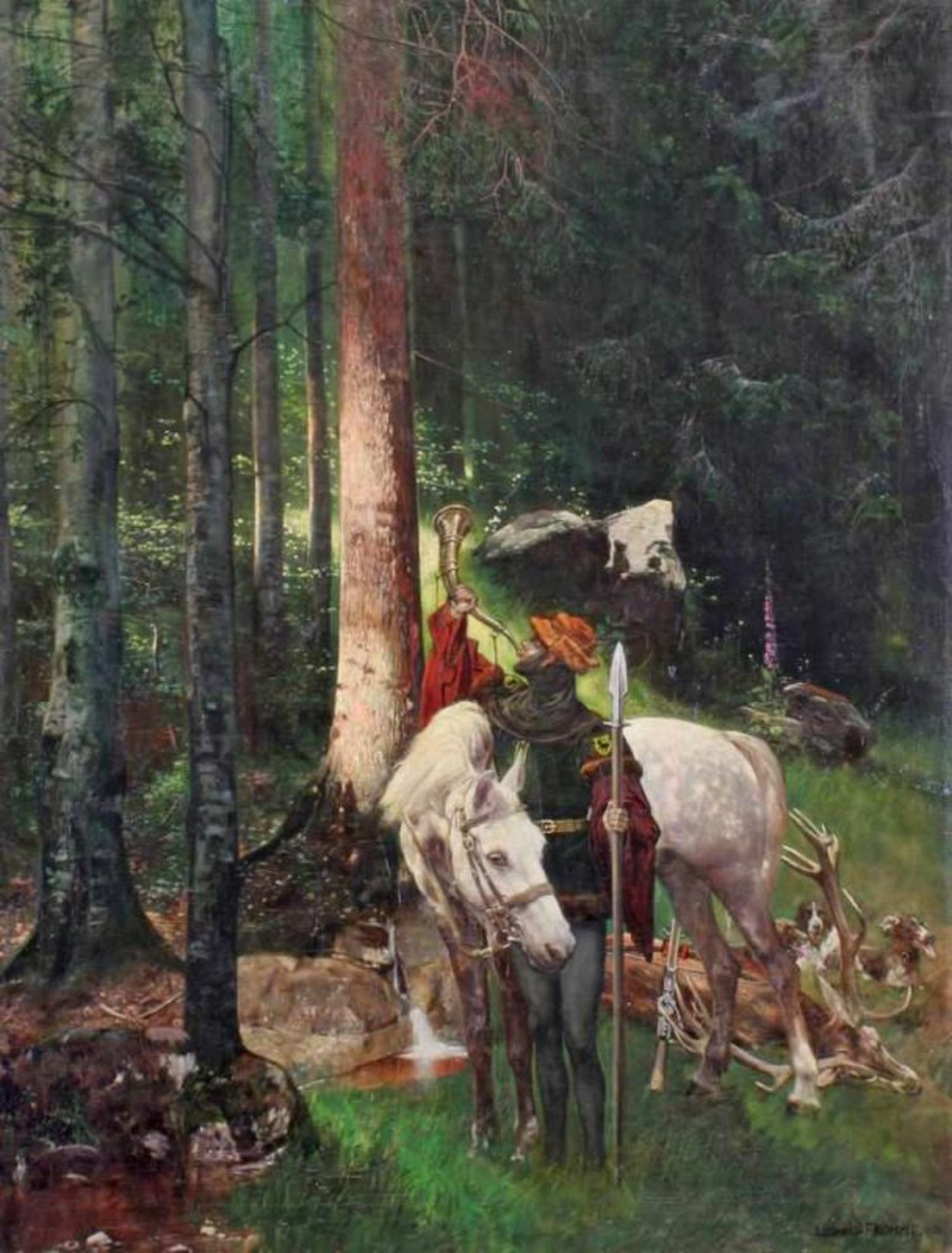 Fromme, Ludwig (19./20. Jh.), "Mittelalterlicher Edelmann nach der Jagd", Öl auf Leinwand,